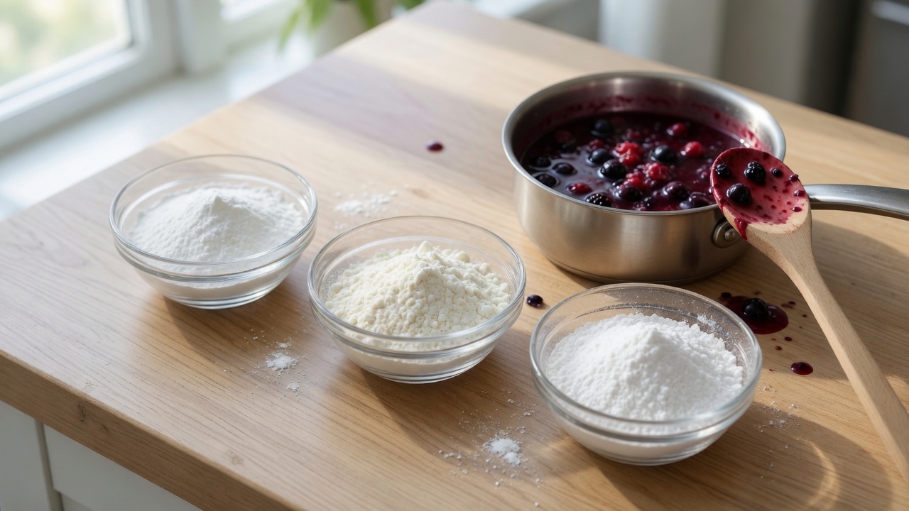 Three glass bowls of cornstarch, arrowroot and tapioca starch on a kitchen counter beside a saucepan of glossy berry sauce