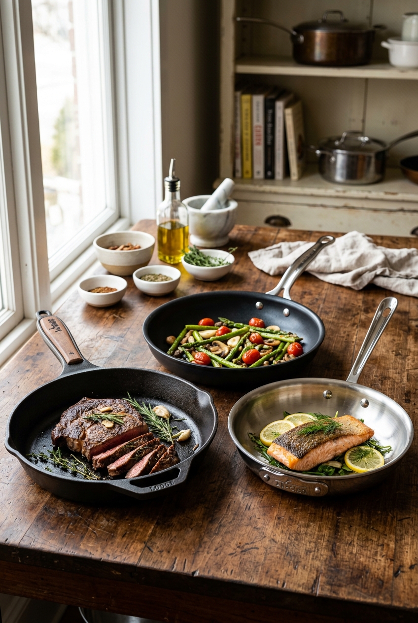 Cast Iron vs Non-Stick vs Stainless Steel Skillets Comparison