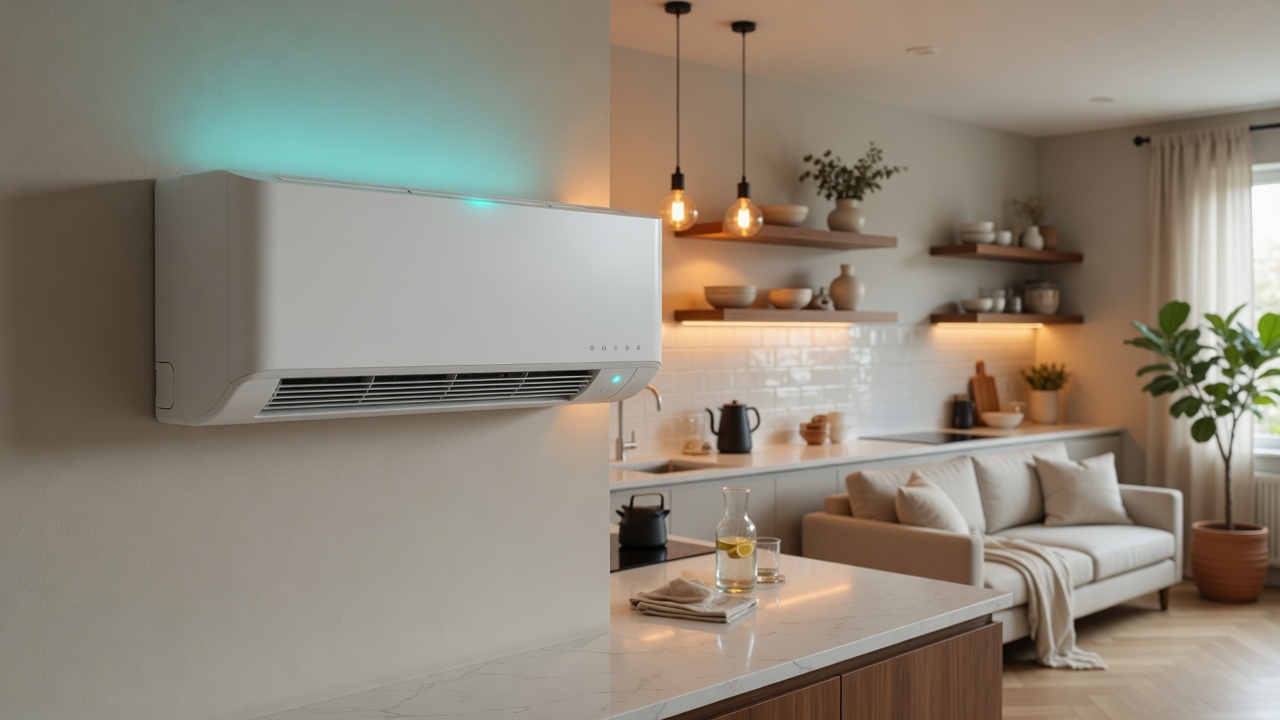 Wall-mounted ductless mini-split indoor unit in an open kitchen-living space, matching the catalogue currently shown after the Cozeware first-party hop