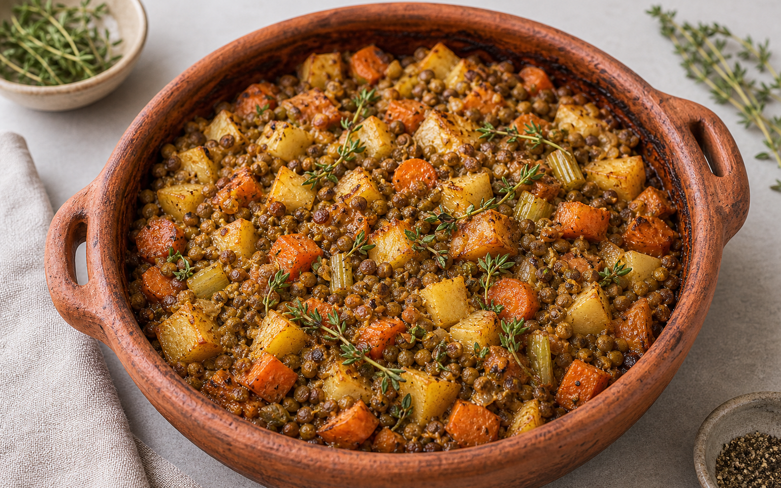 Clay Pot Lentil Root Vegetable Bake