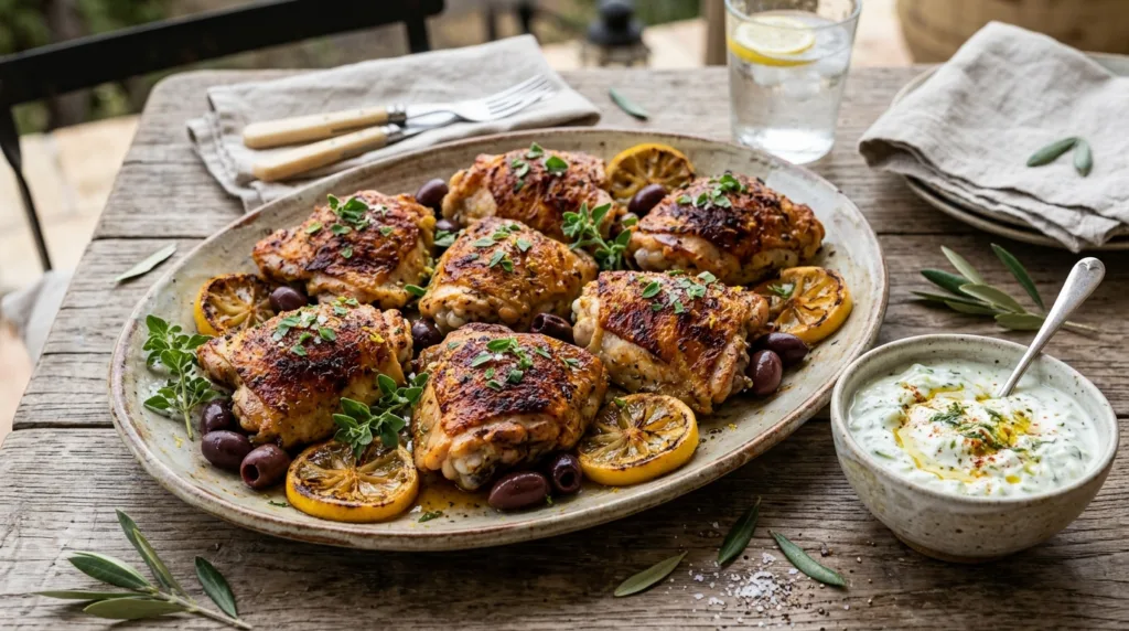 Air Fryer Greek Lemon Herb Chicken Thighs with Tzatziki