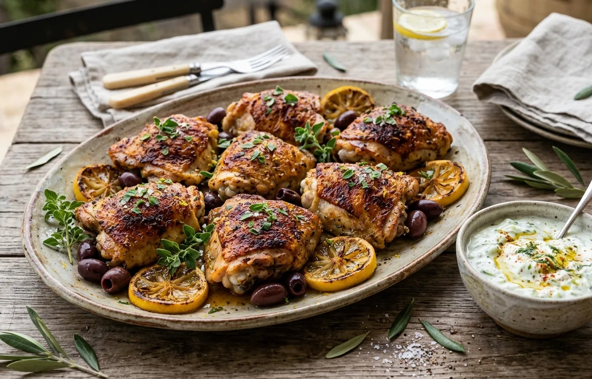 Air Fryer Greek Lemon Herb Chicken Thighs with Tzatziki