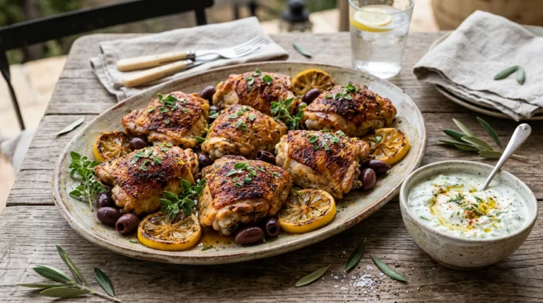 Air Fryer Greek Lemon Herb Chicken Thighs with Tzatziki