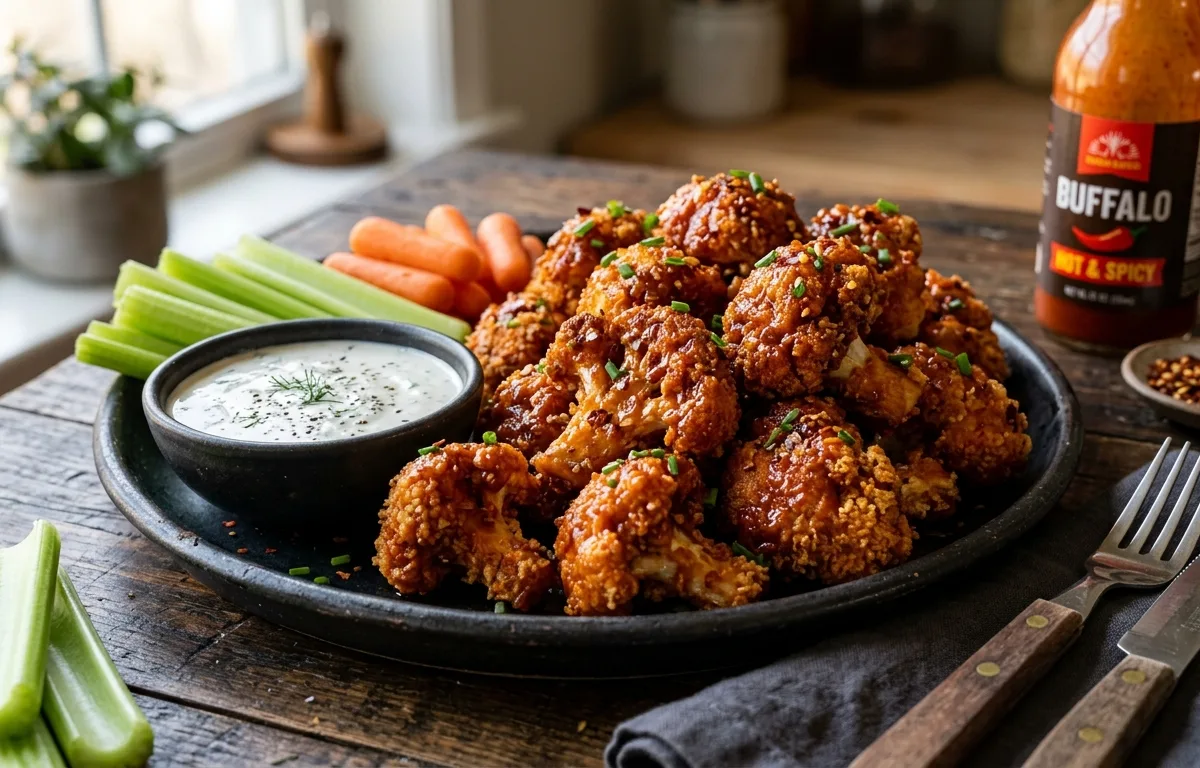 Crispy Air Fryer Buffalo Cauliflower Wings with Vegan Ranch
