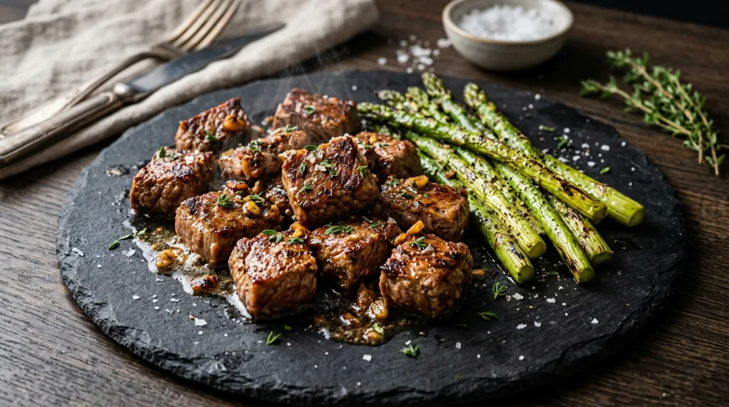 Keto Garlic Herb Butter Steak Bites with Roasted Asparagus