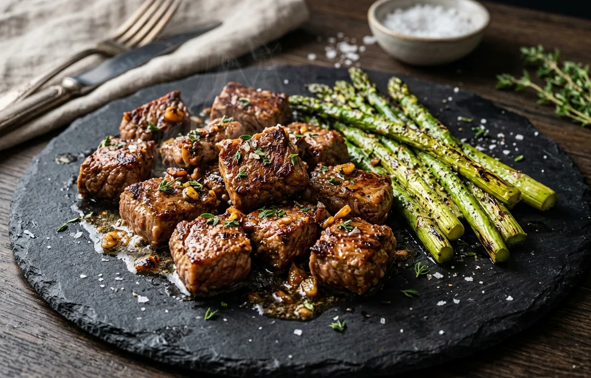 Keto Garlic Herb Butter Steak Bites with Roasted Asparagus