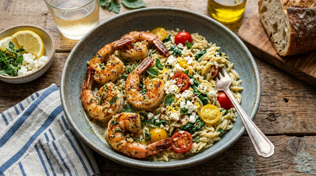 Mediterranean Lemon Herb Orzo with Garlic Butter Shrimp