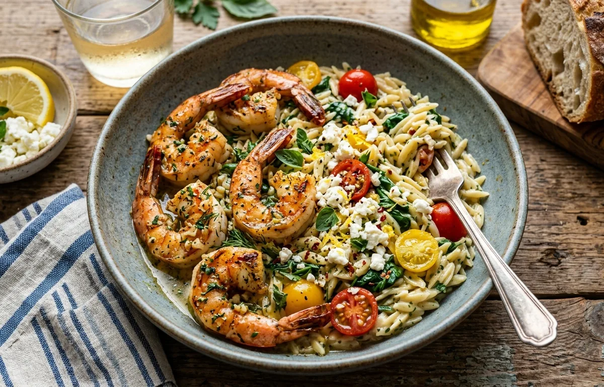 Mediterranean Lemon Herb Orzo with Garlic Butter Shrimp