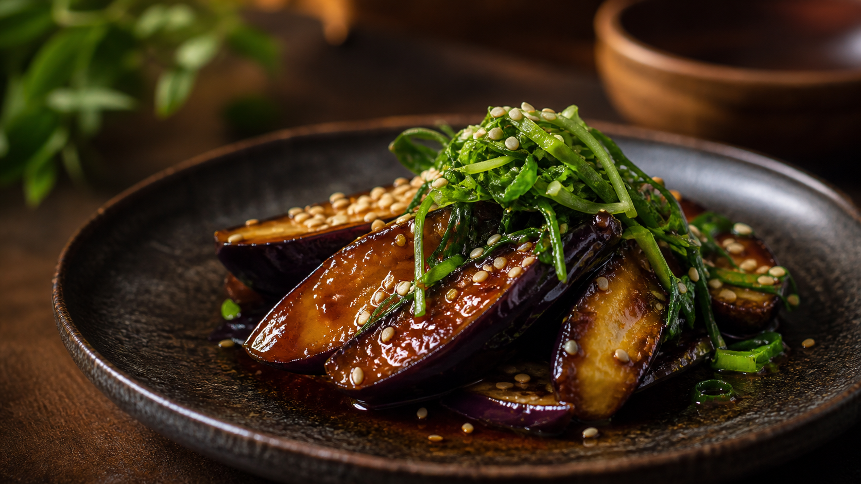 Miso eggplant with sesame greens