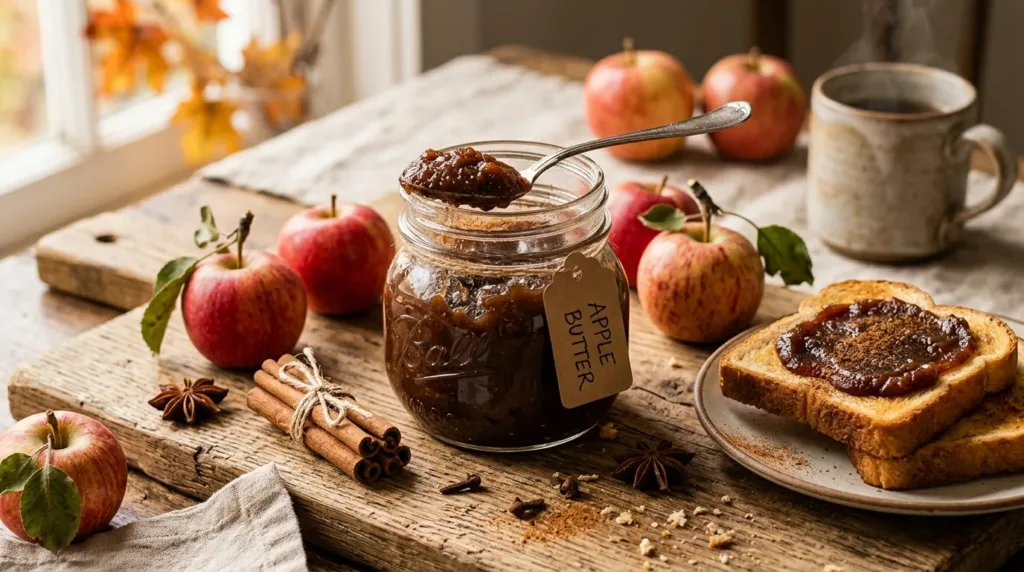 Spiced apple butter in a rustic jar with culinary substitutes Spiced apple butter in a rustic jar with culinary substitutes