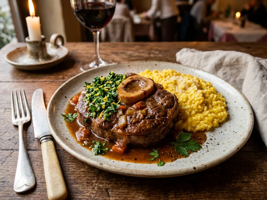 Traditional Milanese braised veal shank osso buco with marrow bone, gremolata and saffron ri...