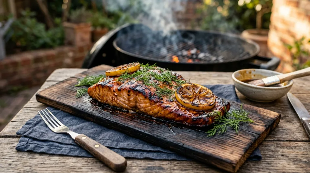 Cedar Plank Grilled Wild Salmon with Maple Bourbon Glaze