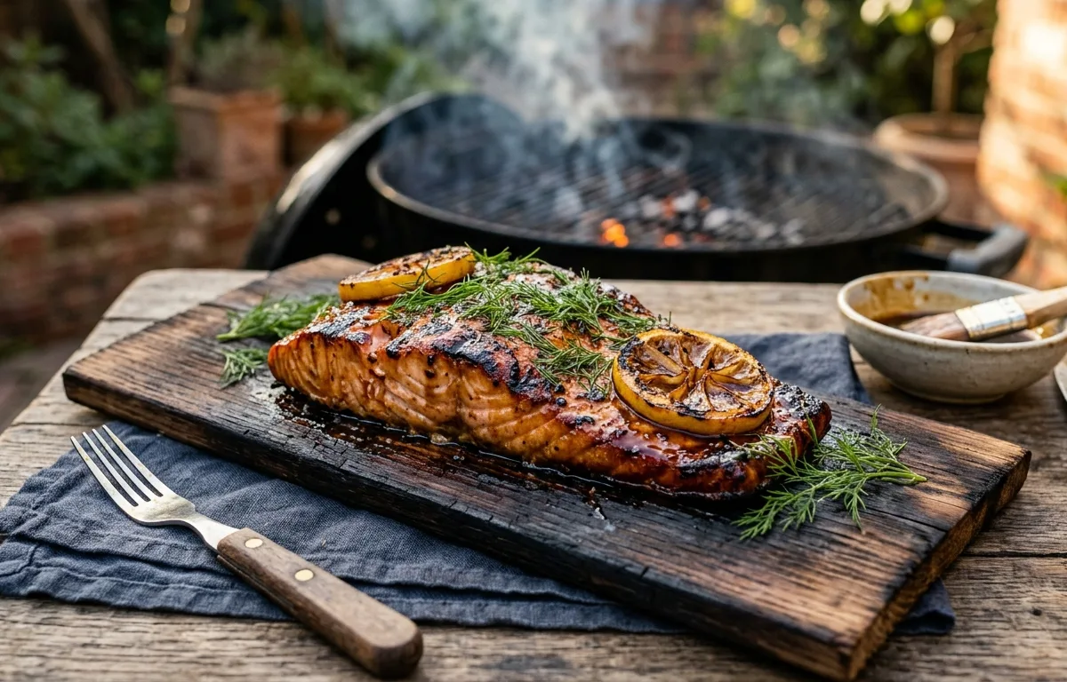 Cedar Plank Grilled Wild Salmon with Maple Bourbon Glaze
