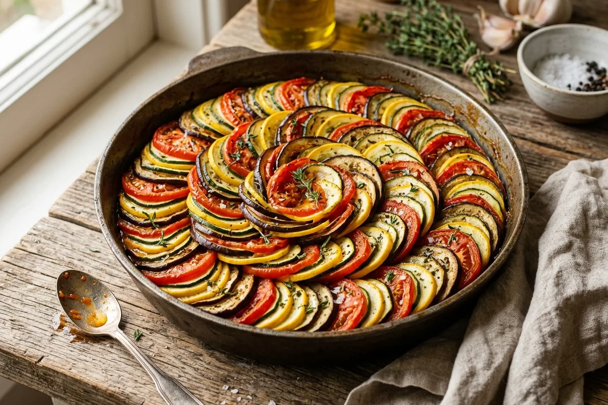 Provenzalisches Confit Byaldi Ratatouille: Die Physik gleichmäßiger Gemüseschichten