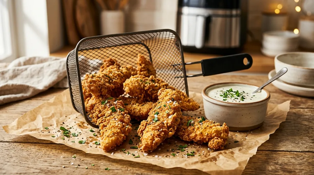 Crispy golden homemade air fryer chicken tenders with dipping sauce