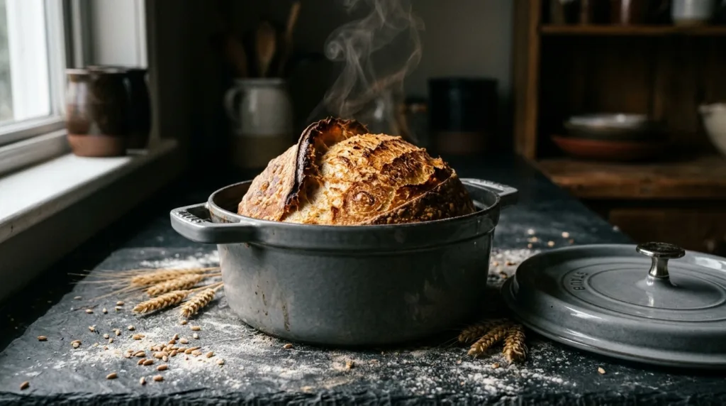 Artisanal sourdough bread baking in cast iron Dutch oven with steam enclosure