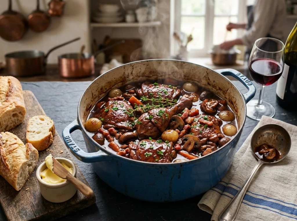 Classical French Coq au Vin with braised chicken, burgundy wine sauce, pearl onions and mush...