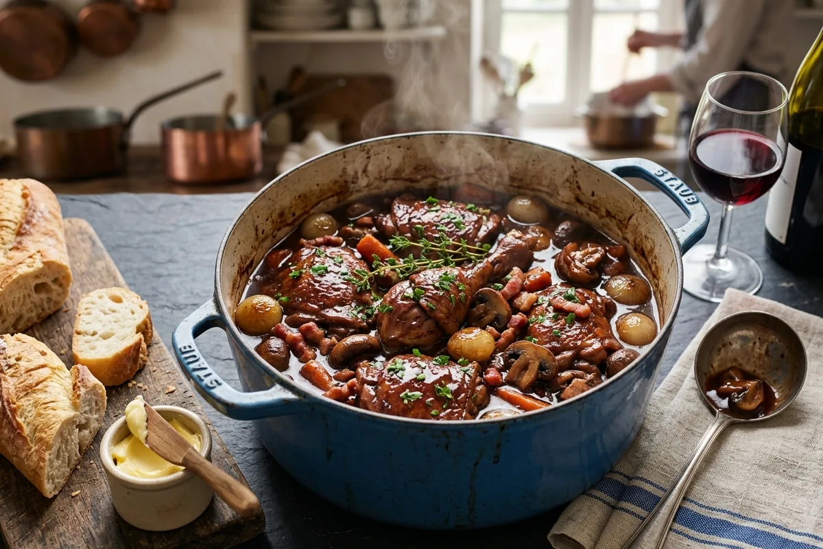 Klassisches französisches Coq au Vin: Die Wissenschaft des Schmorens im Schmortopf