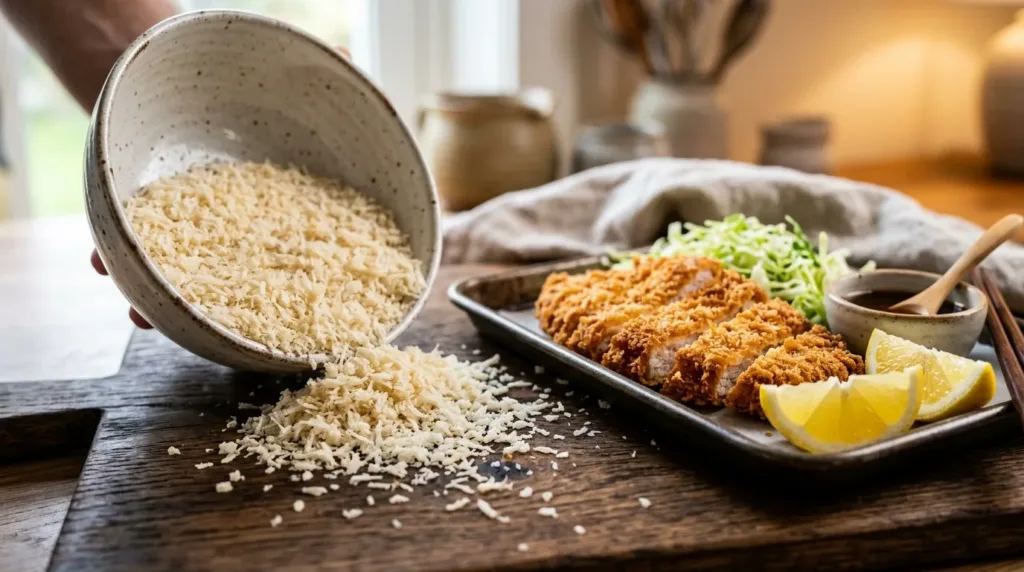 Airy flaky Japanese panko breadcrumbs alongside golden crispy tonkatsu Airy flaky Japanese panko breadcrumbs alongside golden crispy tonkatsu