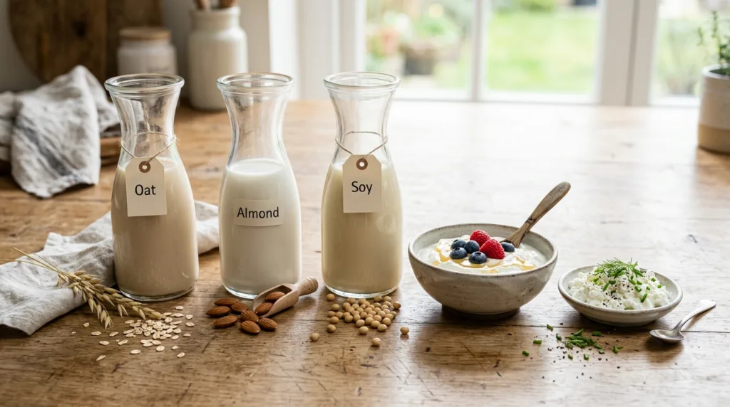 Artisan glass bottles of oat milk, almond milk, soy milk, skyr, and cottage cheese on a wood...