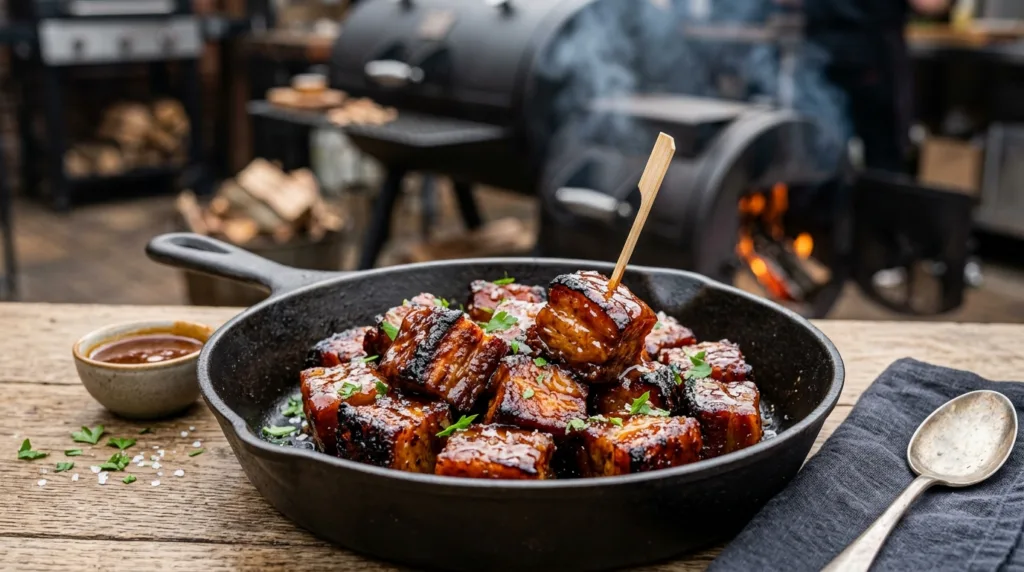 Smoked Pork Belly Burnt Ends with Honey Apple Glaze
