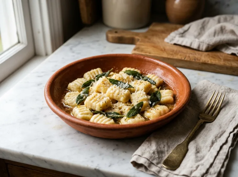 Homemade ricotta gnocchi served with brown butter sauce, crispy sage leaves and grated parmesan
