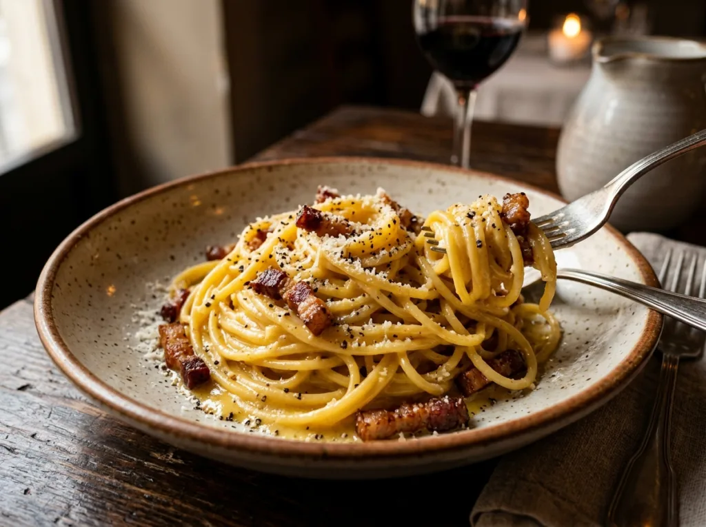 Authentic Roman Spaghetti Carbonara with crispy guanciale, pecorino cheese and coarse black ...