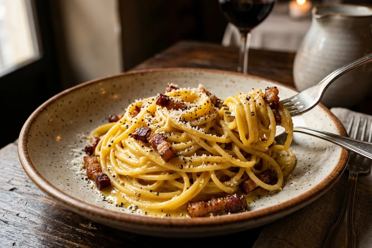 Espaguetis a la Carbonara Romana Auténtica: La Ciencia de la Emulsión Sin Nata