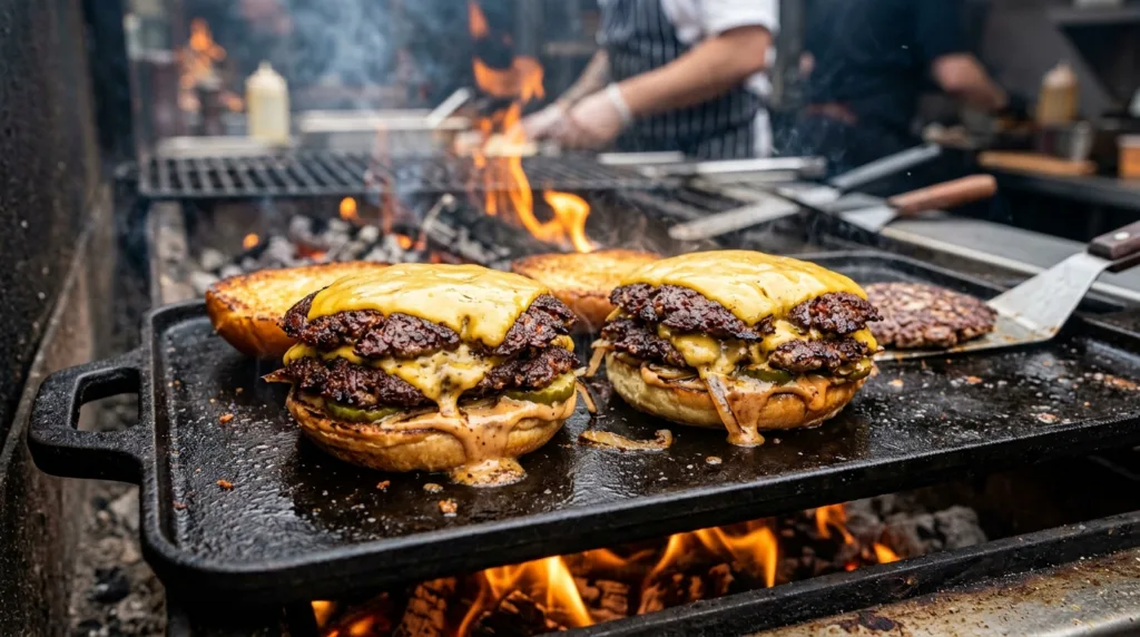 Fire-Roasted Double Smash Burgers with Caramelized Onions