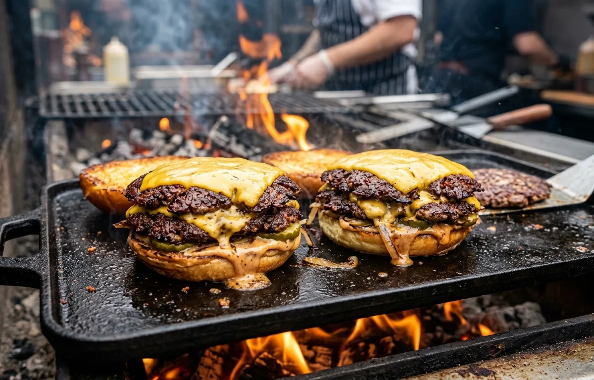 Fire-Roasted Double Smash Burgers with Caramelized Onions & BBQ Aioli