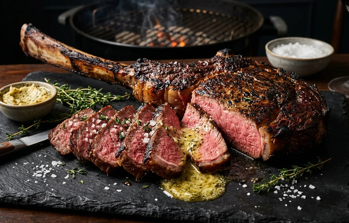 Reverse-Seared Tomahawk Ribeye with Smoked Garlic Herb Crust