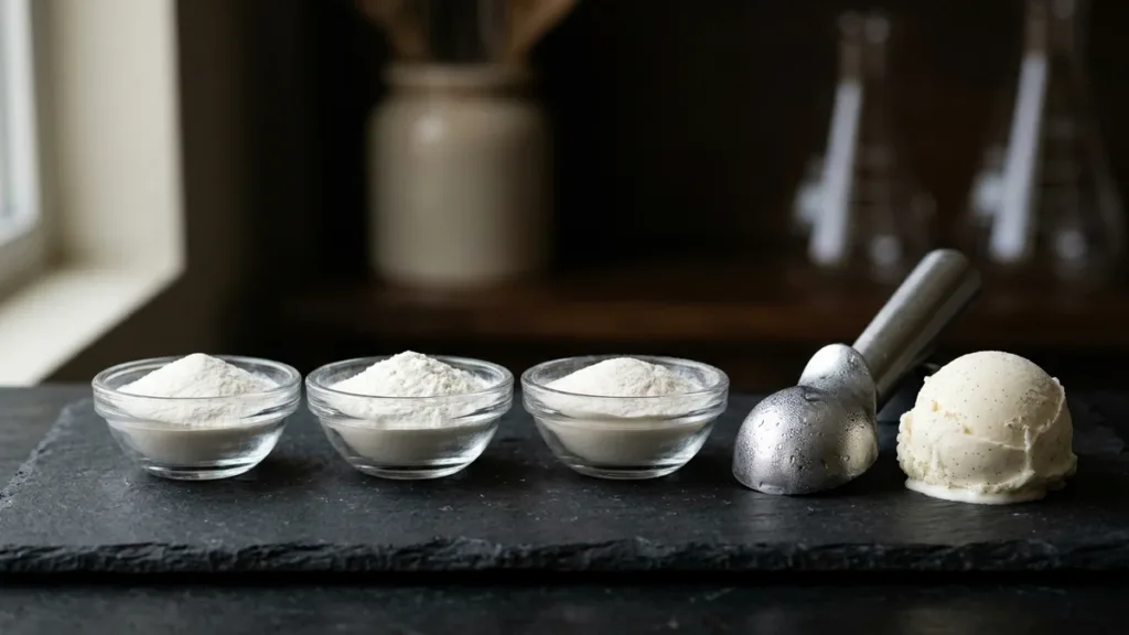 Natural hydrocolloid powders in glass bowls beside artisanal sugar-free vanilla bean ice cream