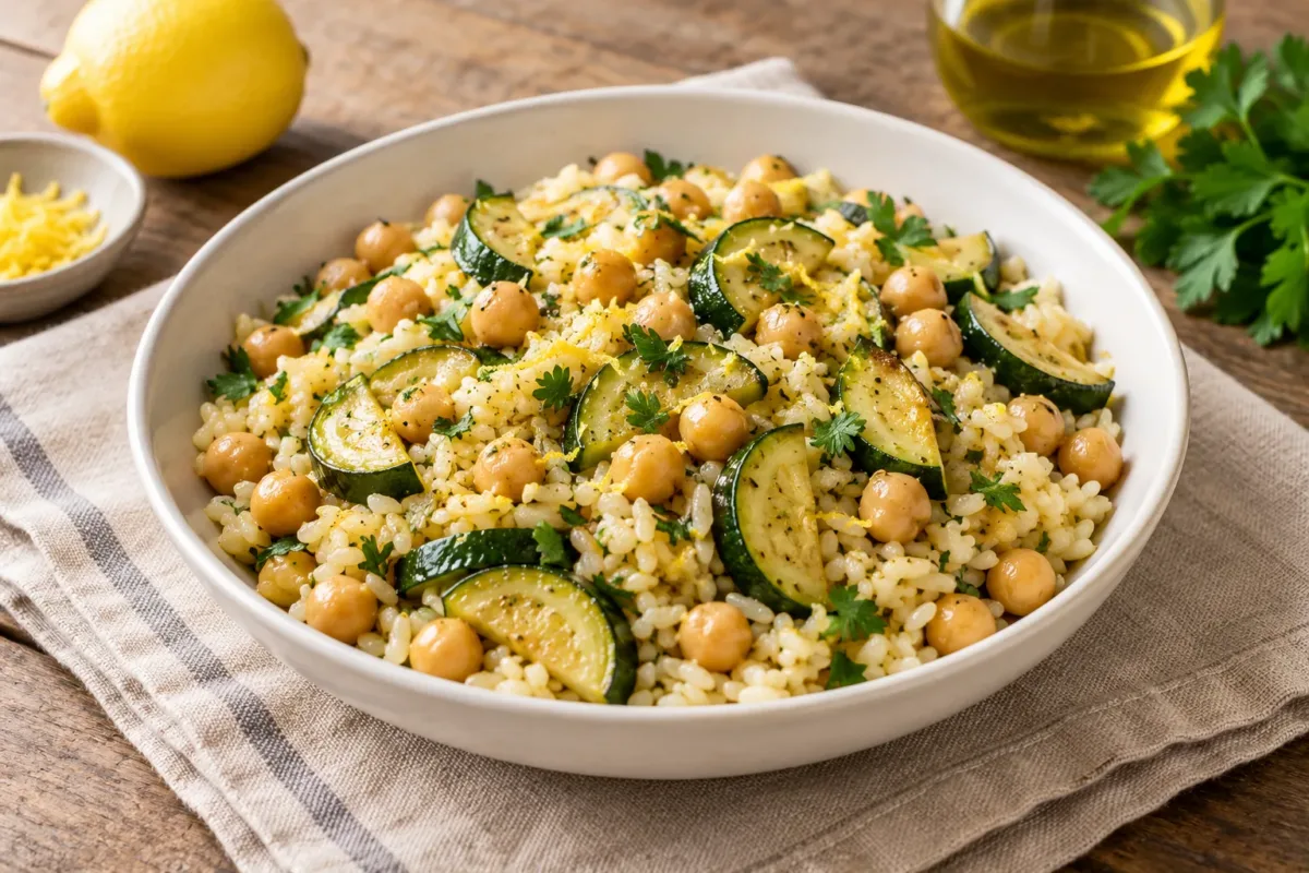 Garbanzos con calabacín, arroz y limón