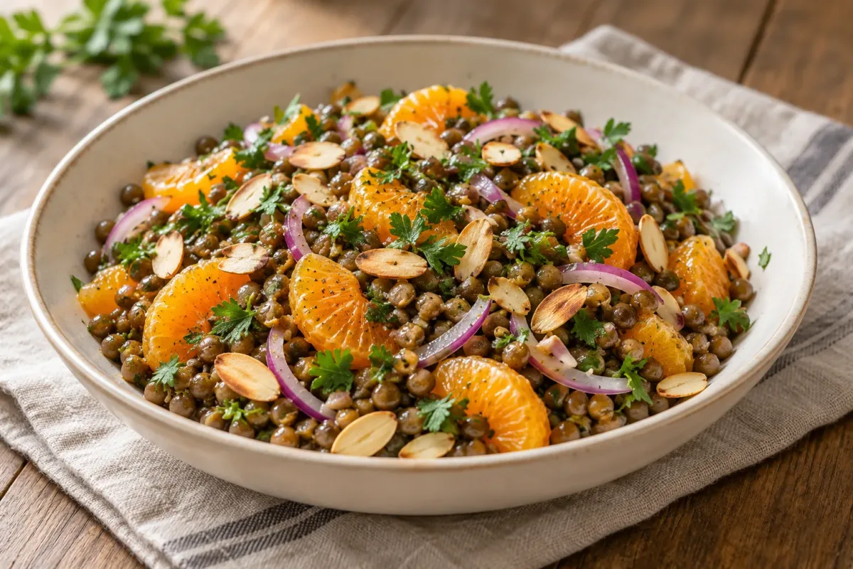 Ensalada de lentejas, mandarina y almendras